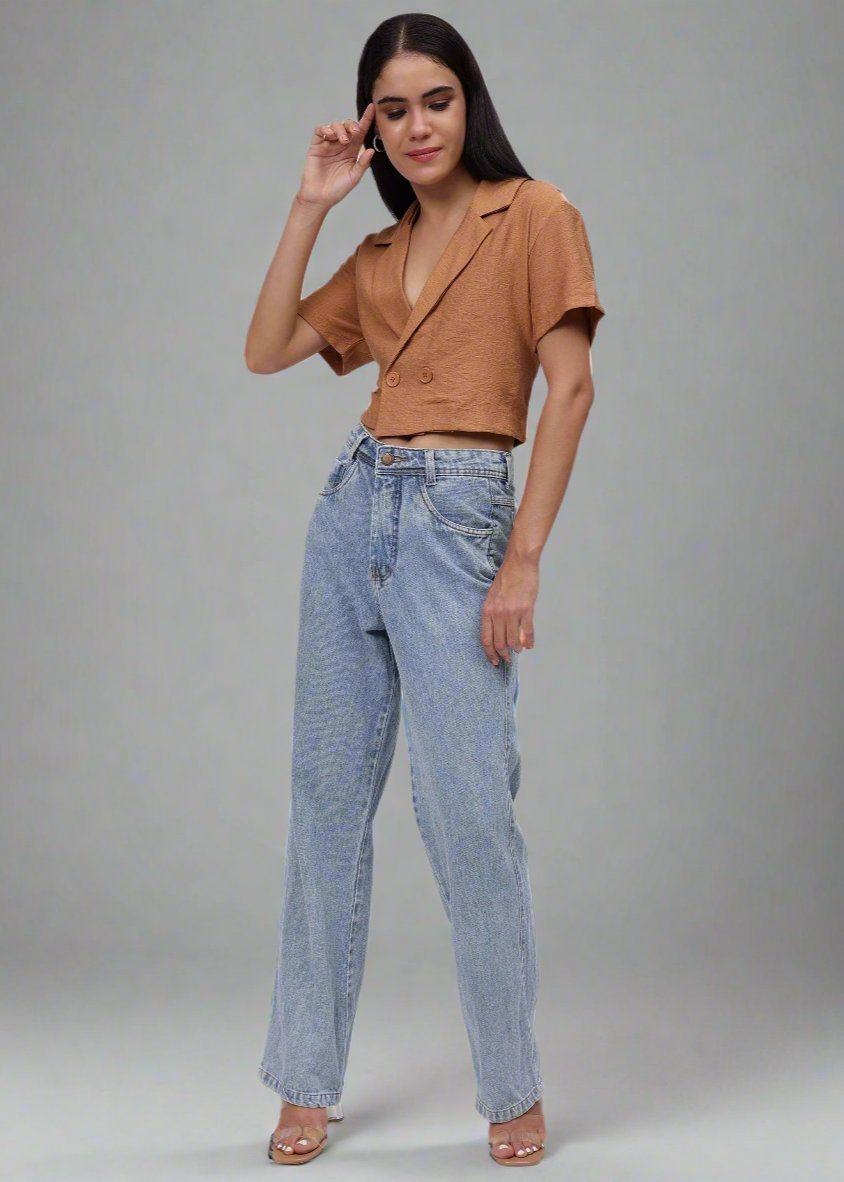 Gaiia Short Sleeve Cropped Blazer Top - Brown - GAIIA